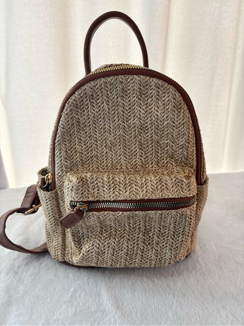 Woven Jute Mini Backpack with Brown Trim